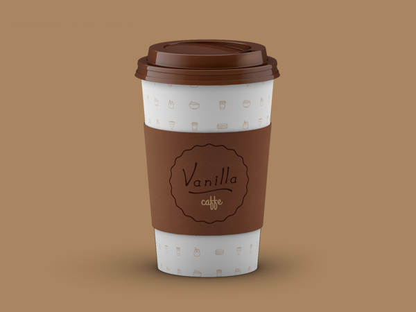Taza de café para Vainilla muestra una taza punteada con tapa marrón y etiqueta