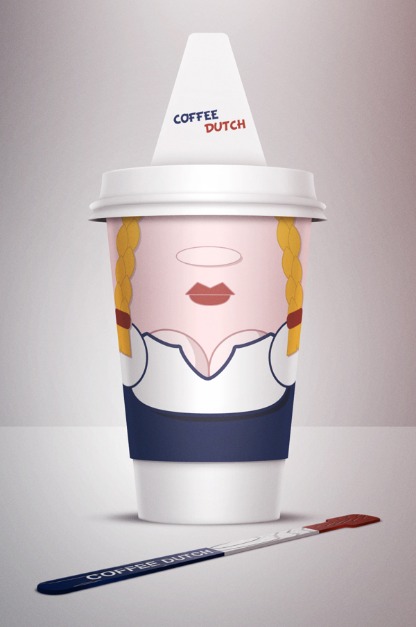La troisième tasse à café représente une femme hollandaise traditionnelle avec un chapeau blanc pointu et des tresses blondes, avec un décolleté généreux.