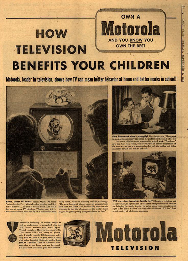 Vintage poster advertising Motorola Television suggests that TV is a great learning resource for your children