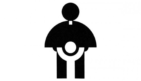 het logo van de jeugdcommissie van de katholieke kerk toont een zwart silhouet van een priester met een wit silhouet van een klein kind op heuphoogte van de priester