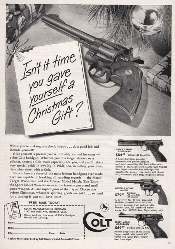 Advert for Colt shows a handgun next to a tag that reads 'isn't it time you gave yourself a Christmas gift?' 