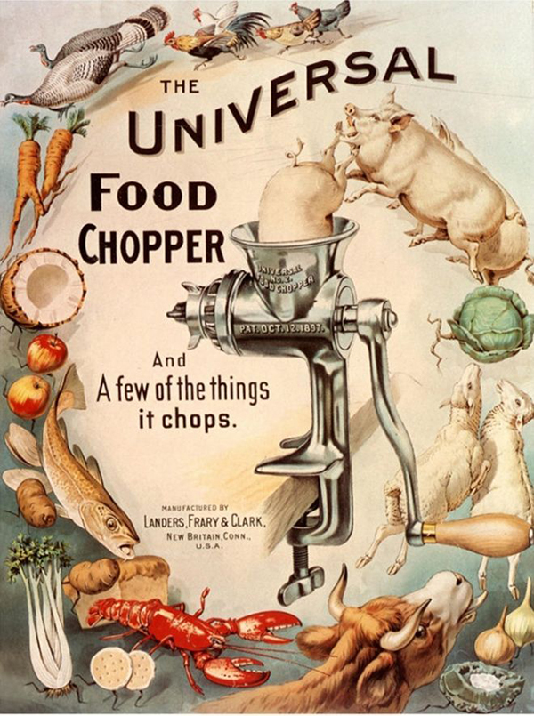 Das Plakat für den Universal Food Chopper von MAGNET zeigt eine Gruppe wirbelnder Tiere und Gemüsesorten, die in den Food Chopper hineinfliegen, wobei ein Schwein mit dem Kopf voran hineinfährt.