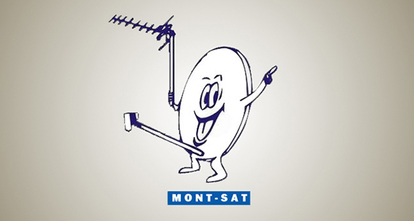 Il logo di Mont Sat mostra un'antenna parabolica dall'aspetto sfacciato, con un'asta massiccia che esce da un punto particolare