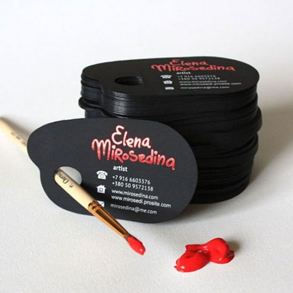 Paint pallet shaped custom designed business cards for the artist Elena Mirosedina