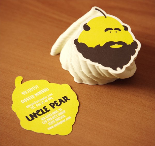 A display of custom shaped business cards for the Uncle Pear brand