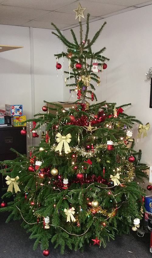 Noël chez solopress arbre dans l'espace d'accueil